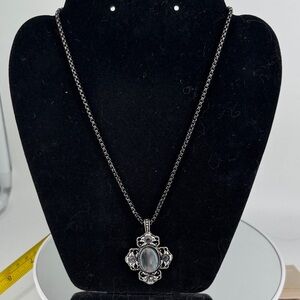 Elegant Gunmetal Necklace with Silver Cabochan and Crystal Pendant P47